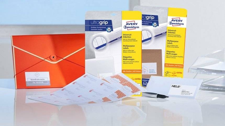 Razne potiskane etikete s tehnologijo ultragrip in primeri uporabe na ovojnicah in mapah