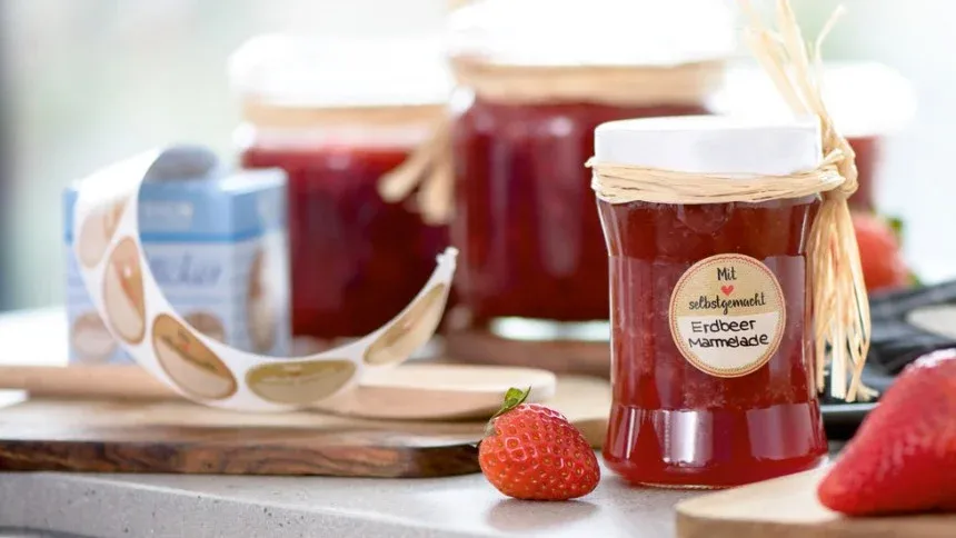 Popisane Z-Design nalepke na kolutu in prikaz uporabe na kozarckih za marmelado