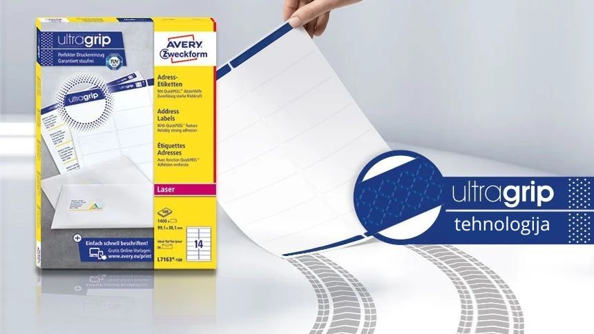 Embalaža z ultragrip etiketami v A4 formatu in napisom ultragrip tehnologija