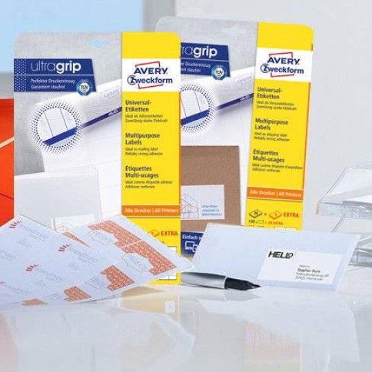 Razne potiskane etikete s tehnologijo ultragrip in primeri uporabe na ovojnicah in mapah