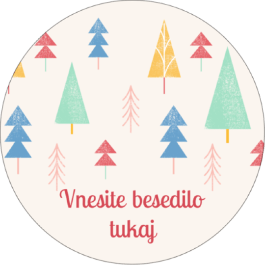 Okrogla etiketa z božičnim motivo0v - smrekce različnih velikosti in barv