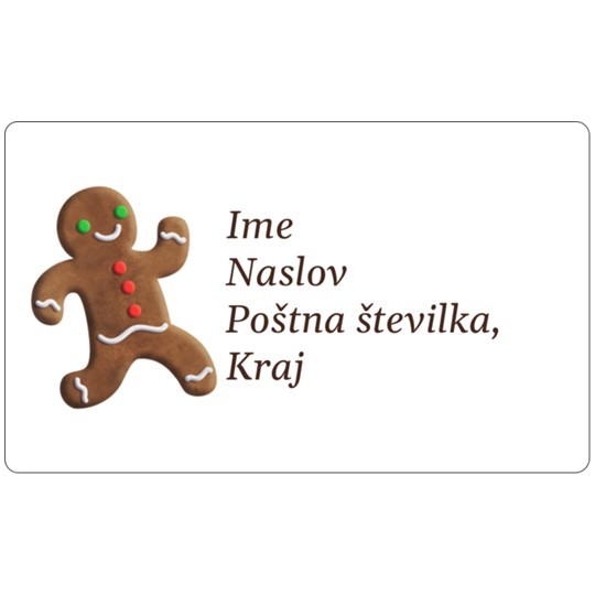 Etiketa z božičnim motivom - piškotek v človeški podobi, ki beži