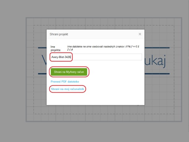 Na ekranu prenosnega racunalnika je prikazano navodilo, kako shraniti oblikovani projekt v programu Avery Design & Print