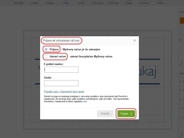 Na ekranu prenosnega racunalnika je prikazano navodilo, kako ustvariti racun v programu Avery Design & Print