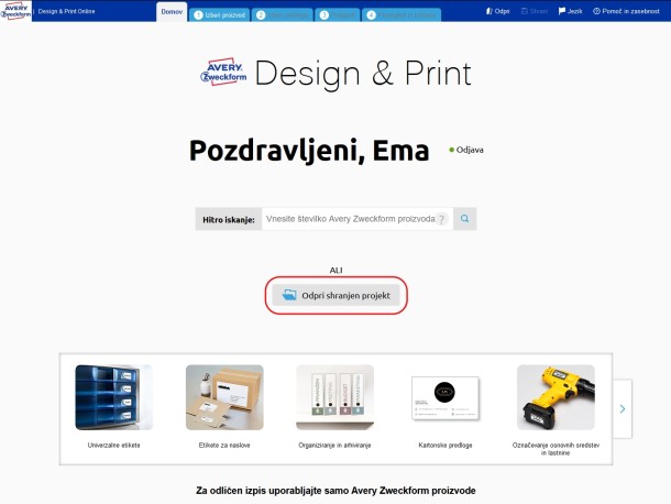 Zacetna stran programa Avery Design & Print na racunalniku