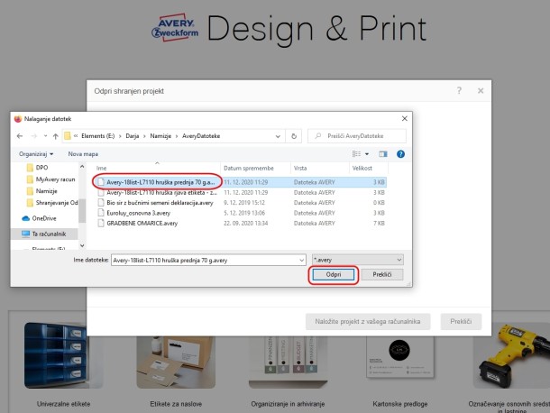 Na ekranu prenosnega racunalnika je prikazano navodilo, kako shraniti oblikovani projekt v programu Avery Design & Print
