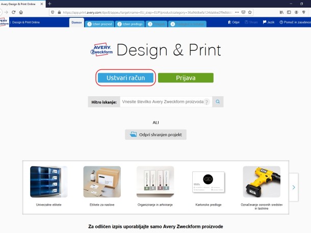 Zacetna stran programa Avery Design & Print na racunalniku