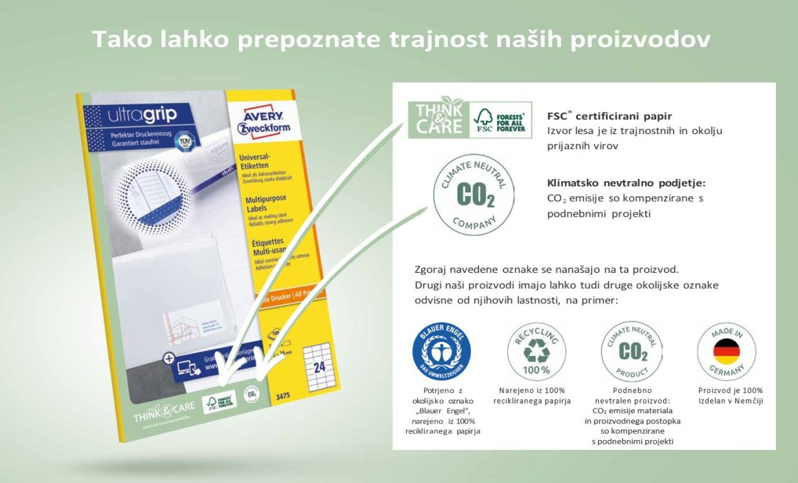 Avery Zweckform: opisi trajnostnih oznak