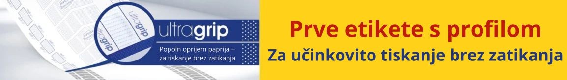 Na sliki je slika etikete ultragrip in napis: Prve etikete s profilom. Za učinkovito tiskanje brez zatikanja