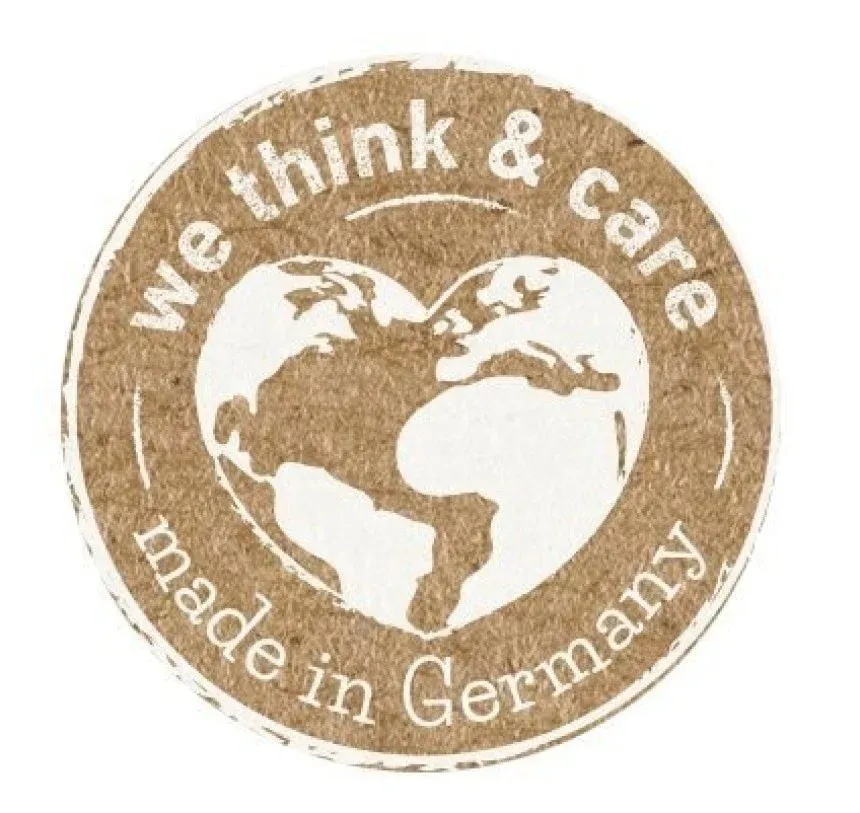 Okrogel logotip Trajnost "Nachhaltigkeit" - naravno rjav napis: we think and care, made in Germany