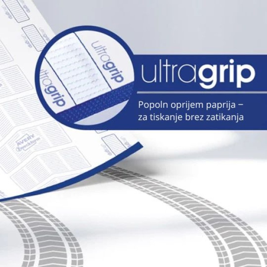 Slika ultragrip etikete v A4 formatu. Zraven je napis Ultragrip: Popoln oprijem paprija ‒ za tiskanje brez zatikanja