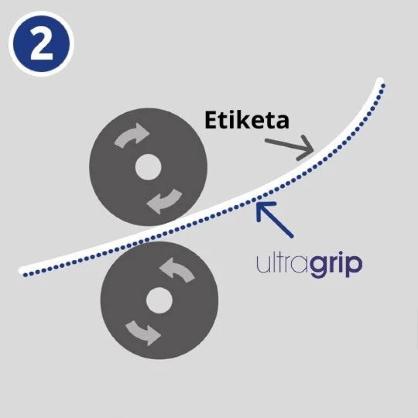 Slika prikazuje valja v tiskalniku in A4 format ultragrip etiket, ki drsi skozi.