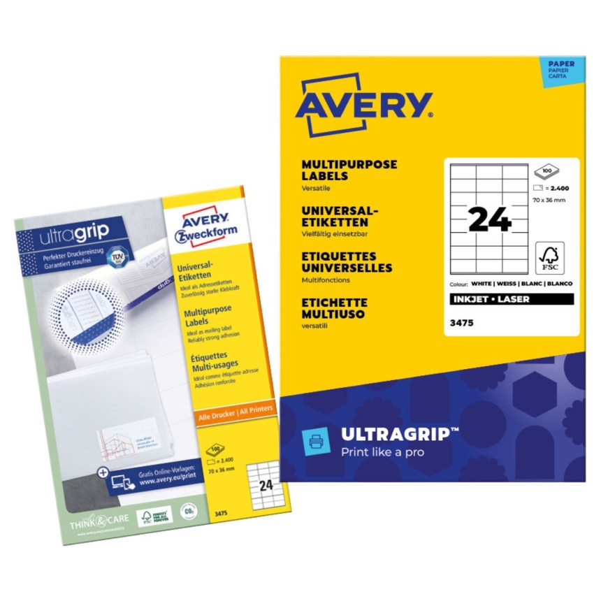 Paket belih večnamenskih nalepk Avery 3475. Rumena in modra embalaža prikazuje, da vsebuje 100 listov, skupaj 2400 nalepk, vsaka velikosti 70 x 36 mm. Nalepke so primerne za brizgalne in laserske tiskalnike ter imajo tehnologijo Ultragrip.