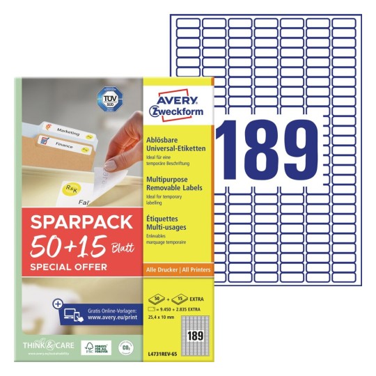 Univerzalne etikete, odstranljive L4731REV-65 Vsebina: etiket: 12.285 / listov: 65