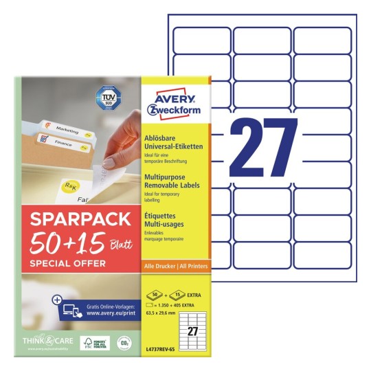 Univerzalne etikete, odstranljive L4737REV-65 Vsebina: etiket: 1.755 / listov: 65