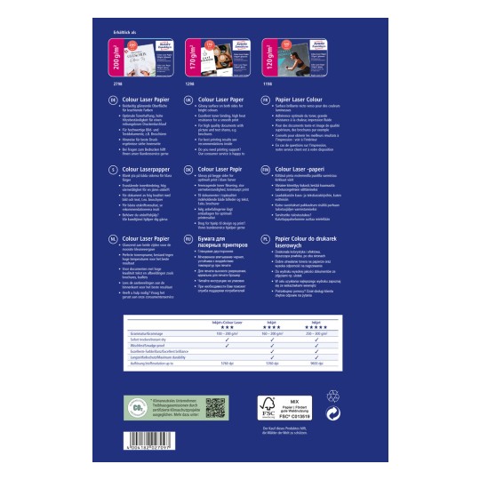 Slika prikazuje zadnjo stran ovitka embalaže barvnega laserskega papirja z opisi v več jezikih za njegove lastnosti, specifikacije in priporočila za uporabo pri tiskanju dokumentov in brošur.
