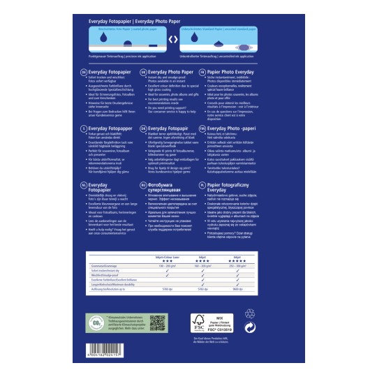 Slika je pregled izdelka Everyday Photo Paper, ki podrobno opisuje njegove lastnosti, specifikacije in prednosti v več jezikih. Poudarja kakovosti, kot so takojšnje sušenje, površina, odporna proti razmazovanju, in primernost za različne tiskarske aplikacije.