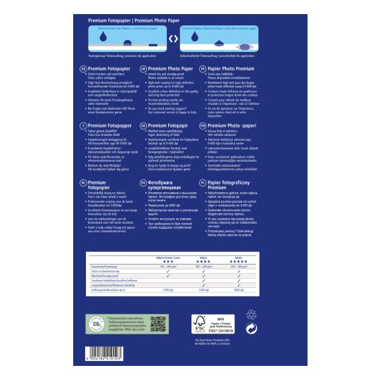 Slika je ilustracija različnih jezikov, ki opisujejo Premium Foto Papir, njegove značilnosti in priporočila za najboljše rezultate tiskanja. Navaja specifikacije, prednosti in informacije o podpori za stranke.