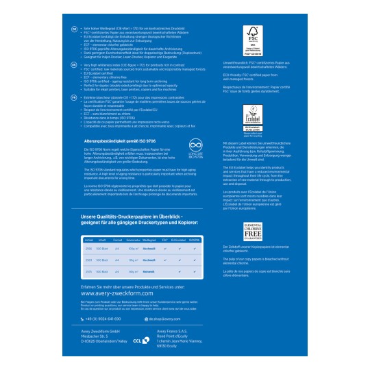 Slika vsebuje informacije o visokokakovostnih tiskarskih papirjih, vključno s certifikati, kot sta FSC in EU Ecolabel. Obravnava lastnosti papirja, kot so svetlost, odpornost na staranje in primernost za različne vrste tiskanja, skupaj s seznamom določenih papirnih izdelkov in njihovimi značilnostmi.