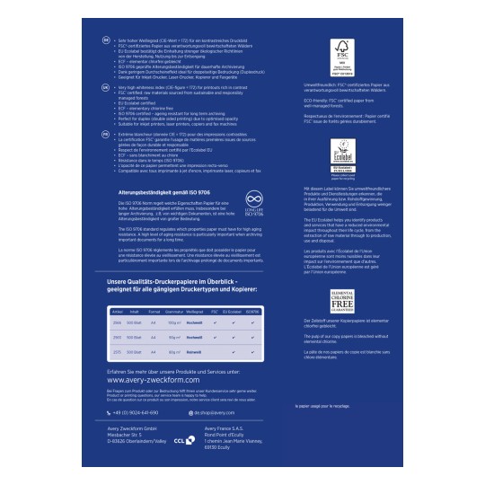 Slika je podroben pregled kakovostnih papirjev za tiskanje znamke Avery Zweckform. Vključuje informacije o certifikatih, kot so FSC in EU Ecolabel, lastnosti papirja ter starostno odpornost v skladu z ISO 9706. Prav tako so predstavljeni podrobnosti o različnih vrstah papirja, njihovih formatih, gramaturah in priporočeni uporabi za različne načine tiskanja.