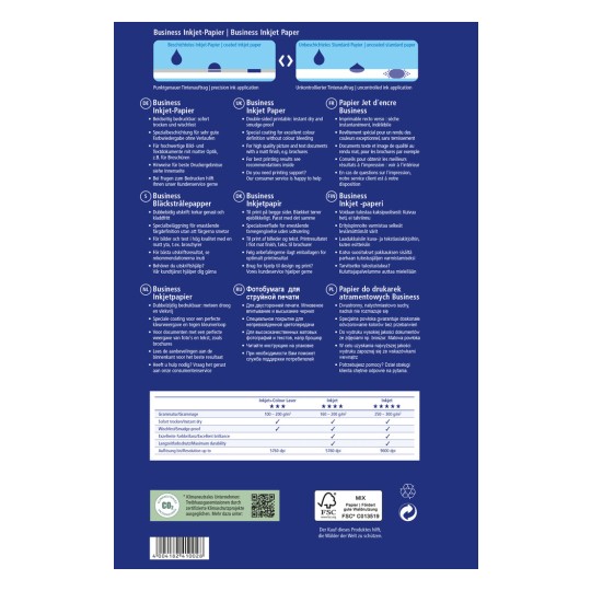 Slika prikazuje dizajn embalaže za poslovni inkjet papir, ki podrobno opisuje njegove lastnosti, aplikacije in specifikacije v več jezikih, kot so nemščina, angleščina, francoščina, nizozemščina, ruščina in poljščina. Vključuje lastnosti, kot so takojšnje sušenje, odporen na madeže, ter priporočila za najboljše rezultate pri tiskanju.