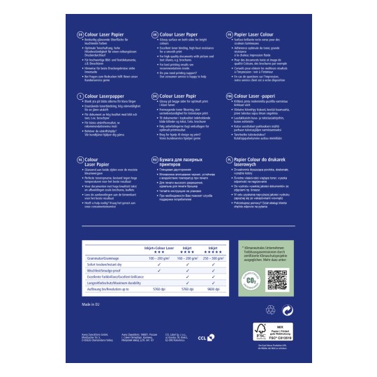 Ta slika vsebuje informacije o barvnem laserskem papirju, vključno z opisi v več jezikih glede njegovih lastnosti, uporabe in tehničnih specifikacij. Poudarja lastnosti, kot so sijajna površina, primerna za tiskanje živahnih barv, ter nudi smernice glede združljivosti z brizgalnimi tiskalniki, specifikacije in podporo strankam.
