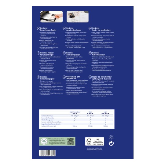 Slika prikazuje različne vrste poslovnega papirja, opisuje lastnosti, uporabe in specifikacije v več jezikih.