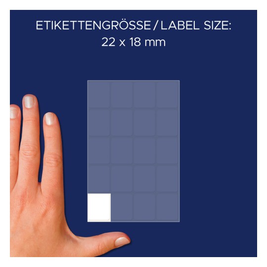Primerjava velikosti z roko, artikel: 3043, en list večnamenskih nalepk, format: 22 x 18 mm, barva: bela.