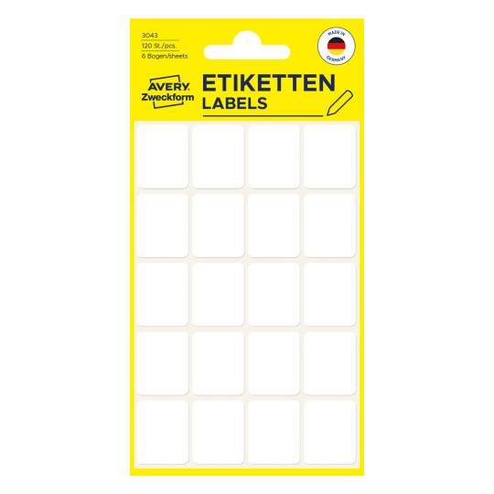 Slika embalaže: Avery Zweckform univerzalne nalepke za ročno označevanje, artikel: 3043, format: 22 x 18 mm, vsebina: 120 nalepk / 6 listov, 20 nalepk/list.