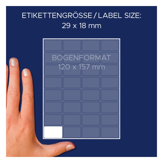 Primerjava velikosti z roko, artikel: 3319, en list večnamenskih nalepk, format: 29 x 18 mm, barva: bela?