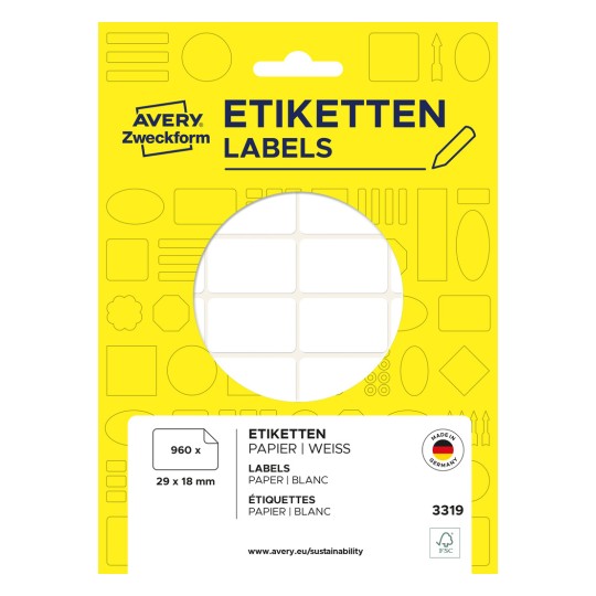 Slika pakiranja: Avery Zweckform Non A4 univerzalne nalepke za ročno označevanje, artikel: 3319, format: 29 x 18 mm, vsebina: 960 nalepk / 30 listov, 32 nalepk/list.