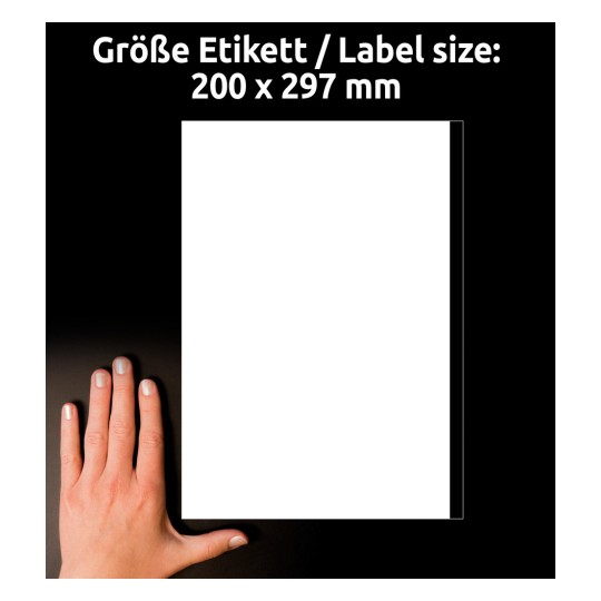 Slika prikazuje roko poleg praznega lista papirja z označenimi dimenzijami 200 x 297 mm. Ozadje je temno.