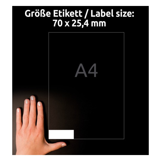 Primerjava velikosti z roko, artikel: 3421, en list univerzalnih nalepk, format: 70 x 25,4 mm, barva: bela?