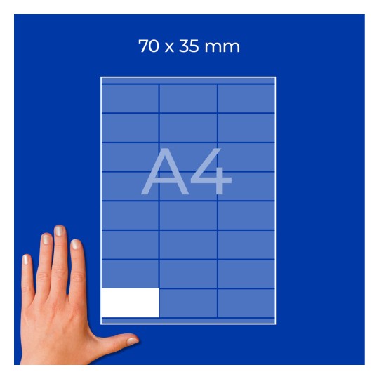 Mreža na listu A4 z nalepko velikosti 70 × 35 mm in roko v spodnjem levem kotu?