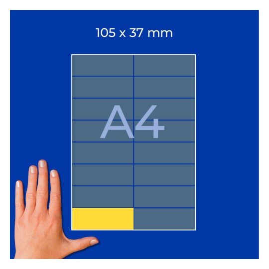 Roka ob listu A4 z mrežo in eno rumeno celico spodaj levo, besedilo »105 x 37 mm«?