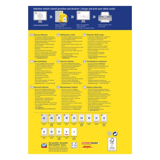 Slika prikazuje promocijski list z etiketami Avery, ki podrobno opisuje različne vrste univerzalnih etiket, njihove specifikacije in navodila za tiskanje v več jezikih. Vključuje besedilo, ki pojasnjuje enostaven postopek oblikovanja in tiskanja etiket, ter prikazuje slike izdelkov skupaj s tabelo dimenzij in kodnimi številkami za različne formate etiket.