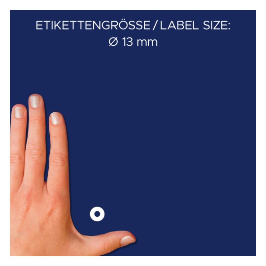 Slika prikazuje roko, ki daje referenco velikosti poleg bele okrogle nalepke. Besedilo navaja velikost nalepke kot Ø 13 mm.