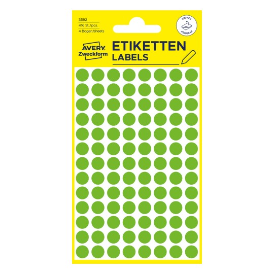 Slika embalaže: Avery Zweckform barvne označevalne pike, Artikel: 3592, Format: ⌀ 8 mm, Vsebina: 416 označevalnih pik / 4 listi, 104 označevalne pike/list?
