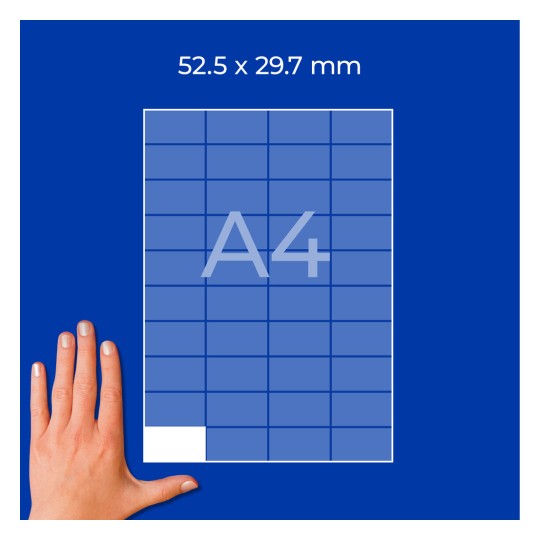 Roka poleg diagrama na mreži formata A4 z oznako 52,5 x 29,7 mm na modrem ozadju?