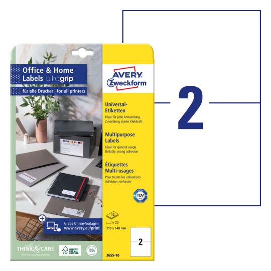 Embalaža s etiketen ark: Avery Zweckform etikete, domači urad, majhno pakiranje, izdelek: 3655-10, format: 210 x 148 mm, primerno za tiskanje: inkjet, črno-beli laser, barvni laser, vsebina: 20 etiket / 10 listov, 2 etiketi/list?
