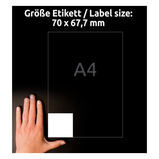 Primerjava velikosti z roko, artikel: 3661, en list univerzalnih etiket, format: 70 x 67,7 mm, barva: bela?