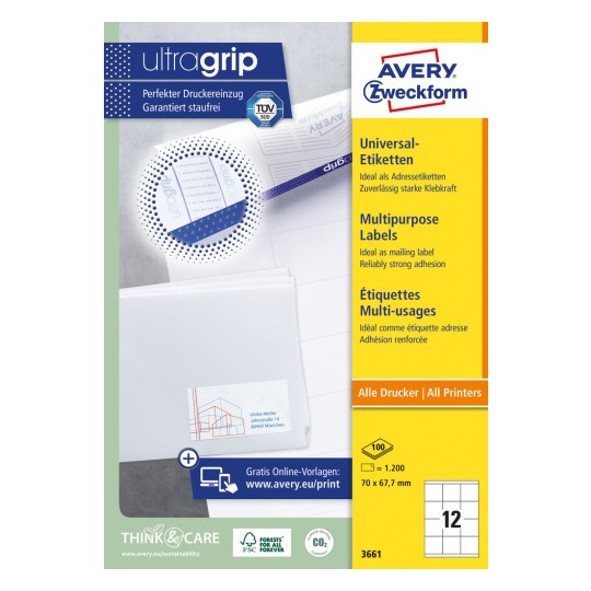 Slika na embalaži: Avery Zweckform univerzalne etikete, trajno lepljive, artikel: 3661, format: 70 x 67,7 mm, primernost za tiskanje: Inkjet, laserski črno-beli, barvni laser, vsebina: 1.200 etiket / 100 listov, 12 etiket/list.