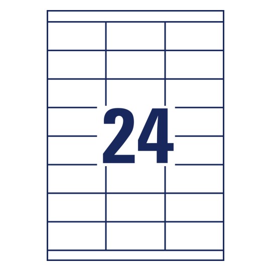 Risba izseka posamezen list A4, Artikel: 3664, univerzalne etikete, format: 70 x 33,8 mm, 24 etiket/list.