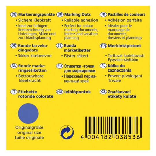 Slika prikazuje embalažo izdelka z nalepkami v različnih jezikih, ki opisujejo označevalne pike in njihove uporabe, vključno z zanesljivim oprijemom za barvno označevanje dokumentov.