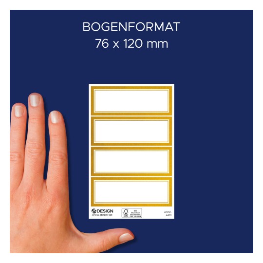 Primerjava velikosti z roko, artikel: 4401, en list nalepk za označevanje, format: 85 x 160 mm, barva: zlata, bela?