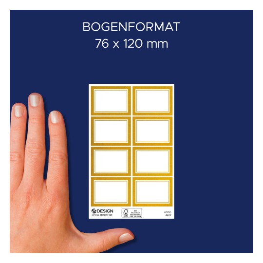 Primerjava velikosti z roko, Artikel: 4402, en list nalepk za označevanje, format: 85 x 160 mm, barva: zlata, bela?
