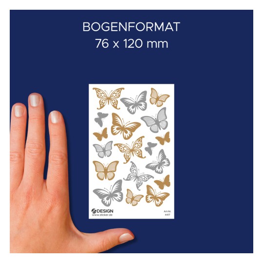 Velikostna primerjava z roko, Artikel: 4417, en list dekorativnih nalepk, format: 85 x 160 mm, barva: prozorna, zlata, srebrna.