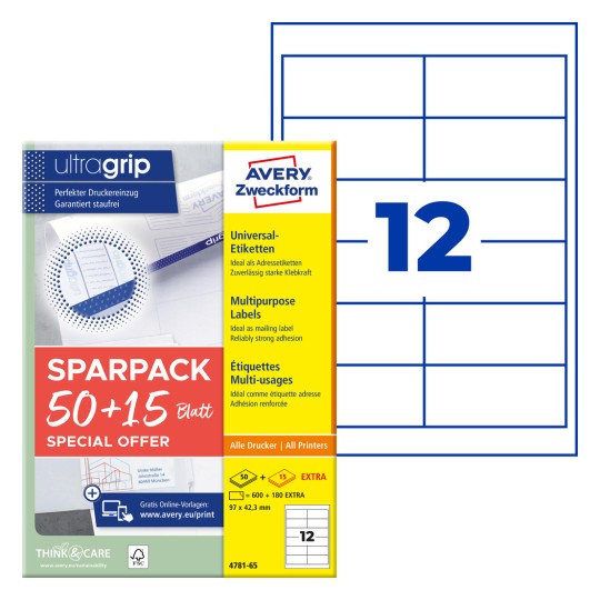 Slika embalaže z listom z etiketami: Avery Zweckform univerzalne etikete, izdelek: 4781-65, format: 97 x 42,3 mm, primernost za tiskanje: Inkjet, črno-beli laser, barvni laser, vsebina: 780 etiket / 65 listov, 12 etiket/list.