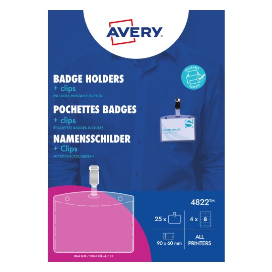 Slika na embalaži: Avery Zweckform, Artikel: 4822, Format: 90 x 60 mm, Primerno za tiskanje: Inkjet, barvni laser, črno-beli laser, kopirni stroj, Vsebina: 25 imenskih značk / 32 vstavnih značk / 4 listi.