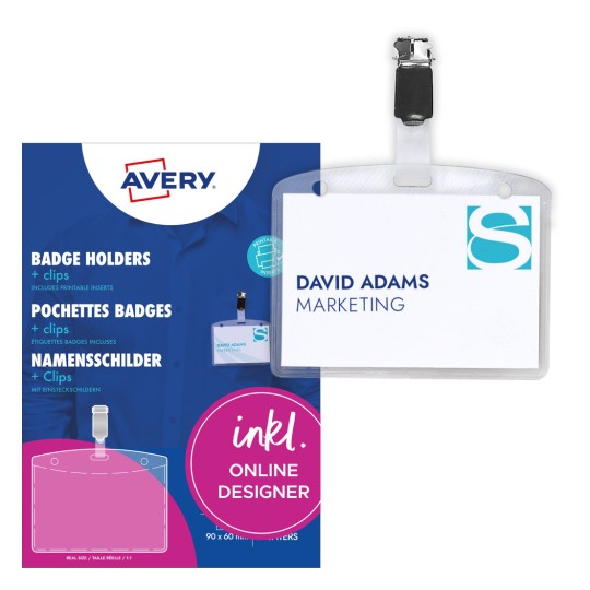 Slika na embalaži s kartonskim listom: Avery Zweckform priponke za imena s sponko, izdelek: 4822, velikost: 90 x 60 mm, primerno za tiskalnike: Inkjet, barvni laserji, črno-beli laserji, kopirni stroji, vsebina: 25 priponk za imena / 32 vstavnih kartic / 4 listi / list?